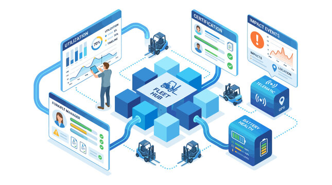 Isometric fleet management system infographic with forklift tracking data analytics and digital dashboard interface for industrial logistics and warehouse operations