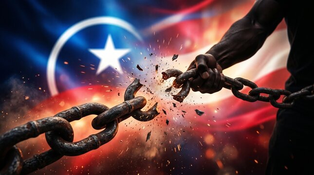 strong hands breaking heavy metal chains against background of flag