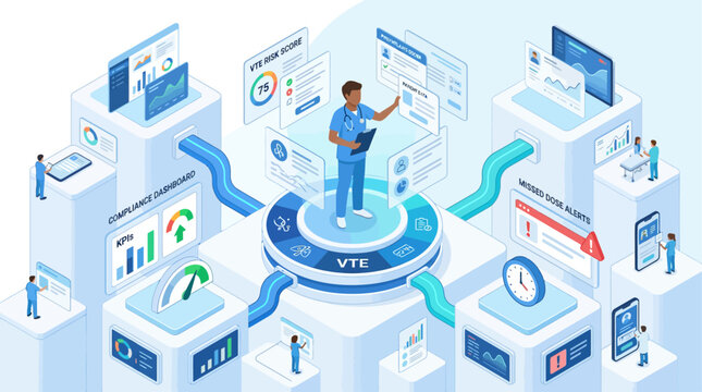 Isometric Healthcare Digital Dashboard with Medical Professional Monitoring VTE Risk and Patient Data Analytics