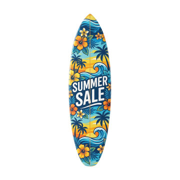 Vibrant surfboard with tropical flowers and palm trees, summer sale promotion, colorful beach accessory for warm weather