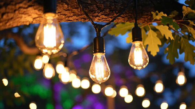 Outdoor string lights hang from tree branch at dusk with foliage