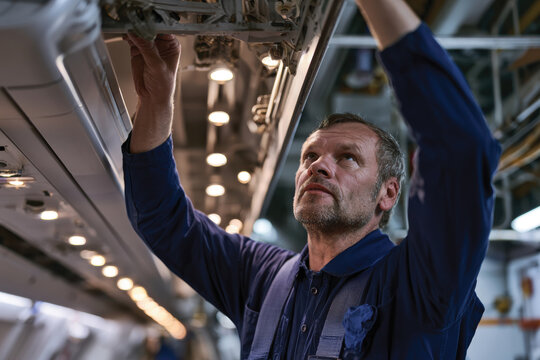 A focused maintenance technician is engaged in his work on an aircraft's apparatus, symbolizing dedication and the vital role of meticulous checks in aviation safety.