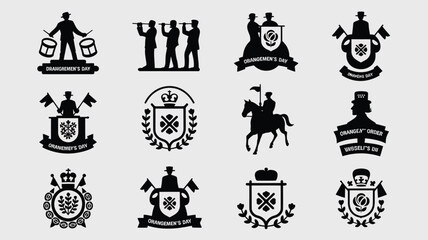 Set of orangemen's day badges, drummer, trumpet player, horseman, emblems. © PRITOM