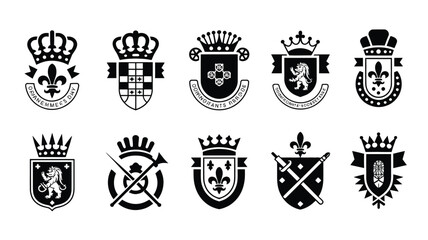 Set of heraldic shields with crown, fleur de lis, lion, cross, orange day. © PRITOM