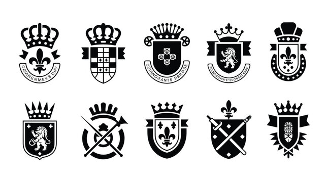 Set of heraldic shields with crown, fleur de lis, lion, cross, orange day.