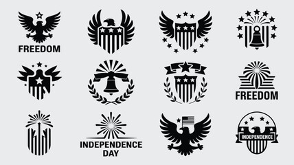 Fototapeta premium Set of twelve black eagle and liberty bell icons for independence day holiday celebration.