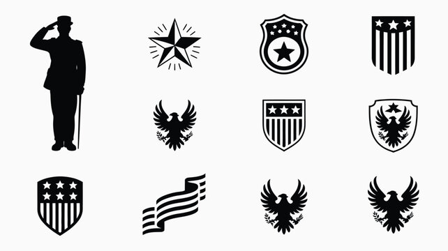 American patriotic icons set with military salute soldier eagle shield and striped ribbon.