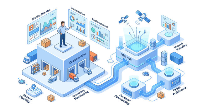 Isometric Vendor Managed Inventory VMI Process Infographic with Data Analytics and Supply Chain Logistics Flow