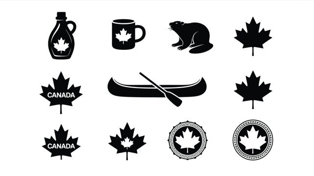 Collection of canadian cultural icons including canoe beaver maple leaf and syrup bottle set.