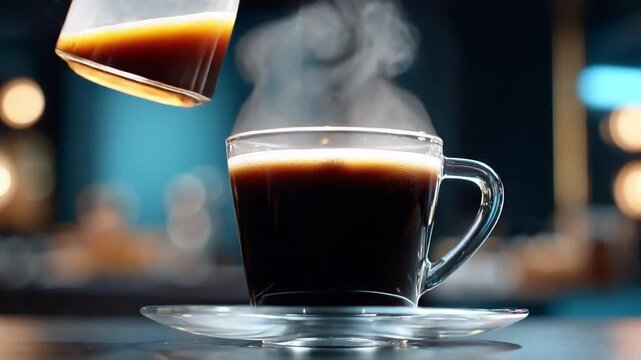 Aroma of Awakening: A rich, steaming espresso is poured into a clear glass mug, creating a fragrant mist that hints at a bold and invigorating start to the day.