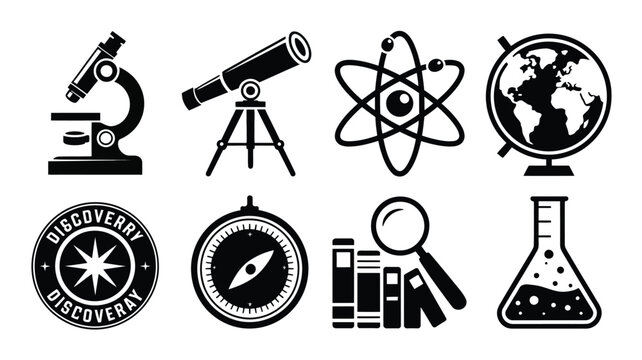 Science and discovery icon collection with microscope telescope atom globe and lab flask.