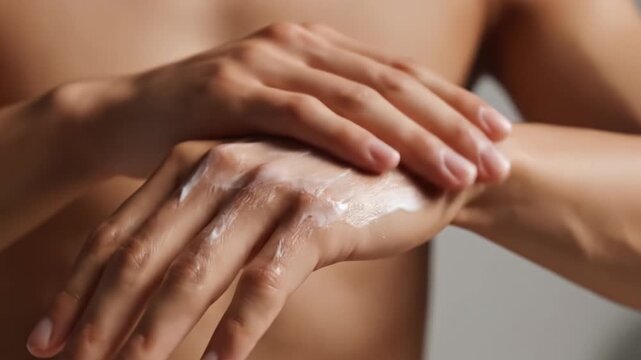 Close-up of male hands applying white moisturizing cream. Highlights self-care and hydration. Perfect for beauty, wellness, and grooming content.