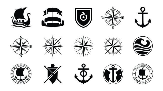 Nautical navigation and maritime discovery icons featuring ships anchors and compass rose.