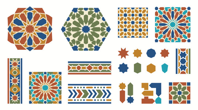 Moroccan geometric tile patterns and decorative border element collection.