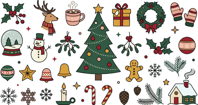 Christmas and winter holiday doodle element set. Decorated xmas tree, snowman, reindeer, wreath, gingerbread man, gifts, snowflakes, candy canes, cottage house and festive ornaments.