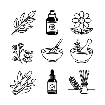 Herbal medicine icons set with leaves, flowers and bottles