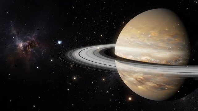 A majestic gas giant planet with prominent rings rotates in deep space, surrounded by stars and a nebula.