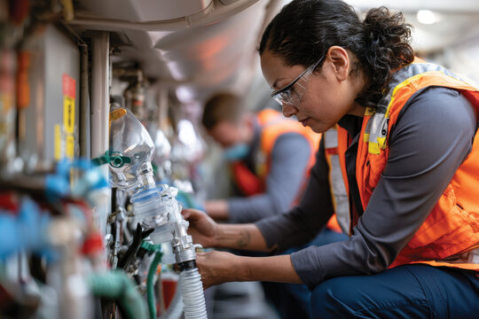 Airline personnel are diligently fine-tuning emergency equipment in an aircraft, ensuring that all safety measures are in place for secure and safe air travel.