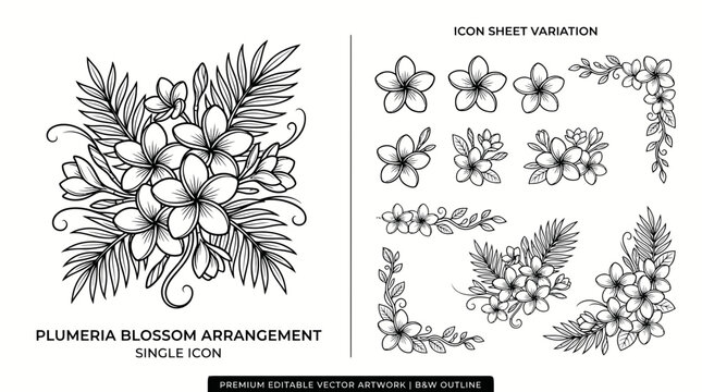 Tropical frangipani blossoms and botanical palm leaf line art set