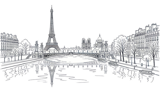 Paris city skyline with eiffel tower and seine river bridge