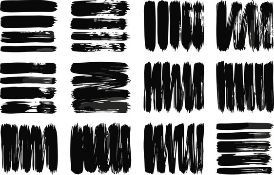 Grunge Dry Brush Stroke Collection with Rough Black Paint Smears Distressed Artistic Texture Vector Illustration Set