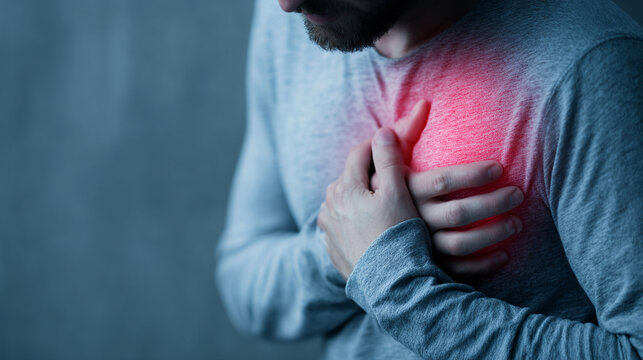 Man clutching his chest in pain, suffering from heart attack