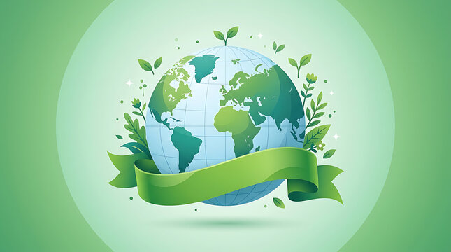 Earth With Foliage And Ribbon Illustrated Style With Green Tones