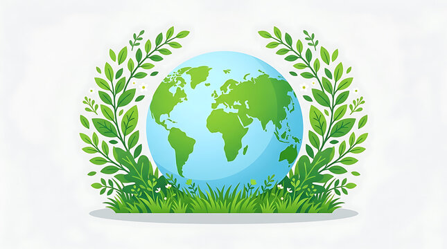 Earth globe surrounded by foliage and grass illustration with a light background