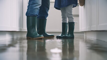 Fototapeta premium Flooded indoor space water covered floor rubber boots standing people reflection water surface disaster cleanup safety scene with blue jeans grey pants low angle composition showing flooding impact