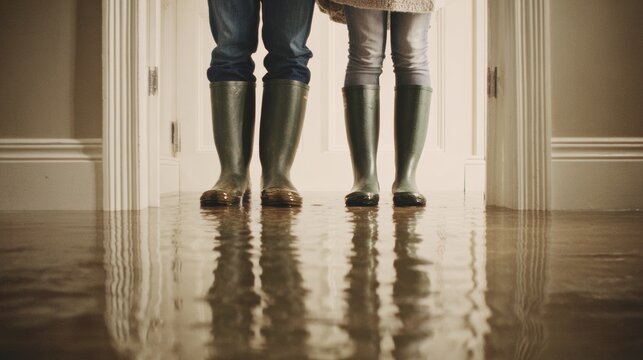 Flooded indoor space water covered floor rubber boots standing people reflection water surface disaster cleanup safety scene with blue jeans grey pants low angle composition showing flooding impact