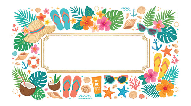 Tropical summer frame with beach elements including flip flops flowers and seashells in a colorful vector illustration