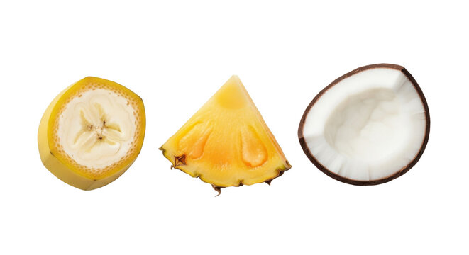 fresh sliced banana, pineapple chunk and coconut half isolated on transparent background