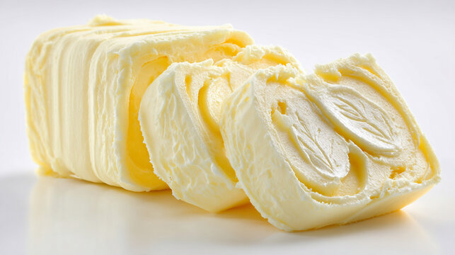 Closeup of a block of fresh butter sliced on a white background