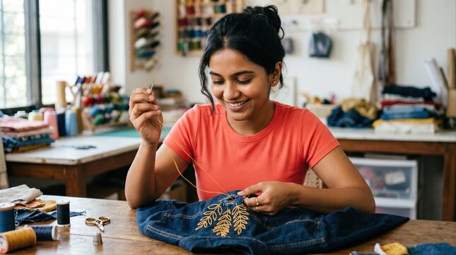 young latina woman happily embroidering floral design on denim jacket in creative workshop