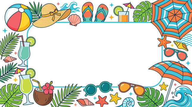 Colorful summer beach elements illustration with a straw hat beach ball sunglasses and tropical leaves on a white background