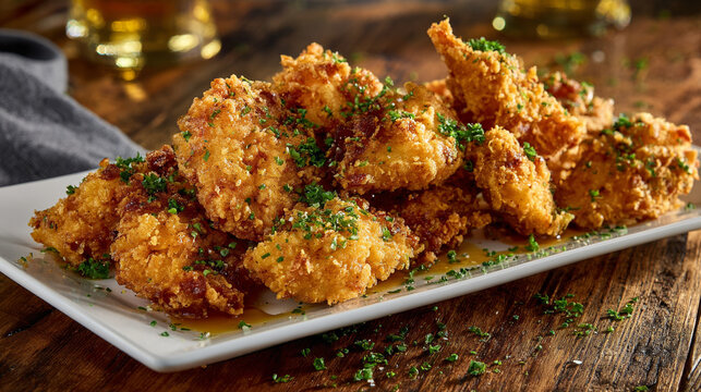 Crispy fried chicken bites drizzled with honey and herbs