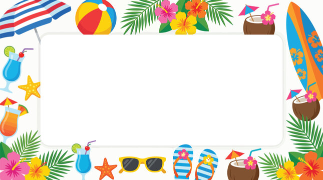 Summer themed vector illustration with beach items tropical flowers and a white background for text or design elements