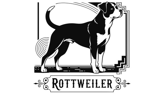 Very beautiful black-and-white engraved vector illustration featuring a ROTTWEILER with powerful stance and a decorative breed label reading "ROTTWEILER".