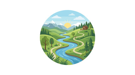Fototapeta premium Scenic countryside landscape with winding river, mountains, and cabin, illustration