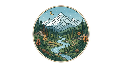 Scenic Mountain Landscape with River, Forest, and Campsite at Night © kesya