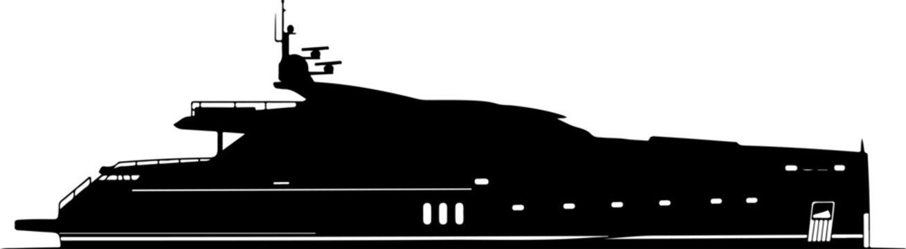 Luxury yacht, modern boat, sleek silhouette, black vector