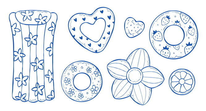 Hand-drawn line illustration set with inflatable mattress and pool floats of different shapes. Vector clip art collection of floaties for summer beach activity or pool party. 