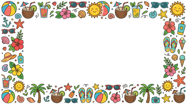 Colorful summer themed doodles and icons forming a border on a white background perfect for seasonal designs