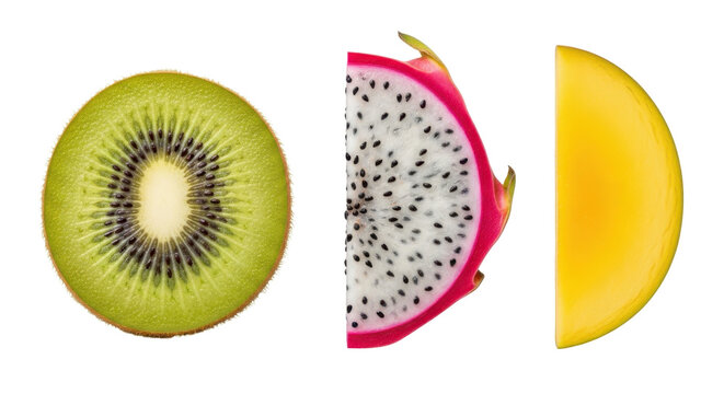 fresh sliced kiwi dragon fruit and banana isolated on transparent background