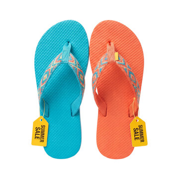 Vibrant Blue and Coral Flip-Flops with Summer Sale Tags for Beachwear