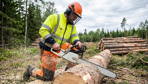 Logger cutting thick tree log with chainsaw in pine forest area for commercial timber wood industry.