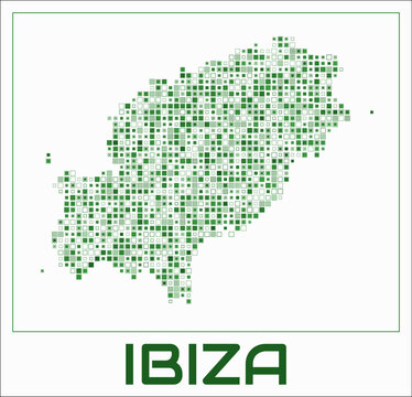 Ibiza digital style map. Small square dots on white background. Dotted shape of the island. Ibiza map and title. Awesome vector illustration.