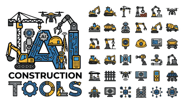 Smart AI construction tools and industrial robotics icons, 36 automated heavy machinery vector elements, futuristic engineering and building technology