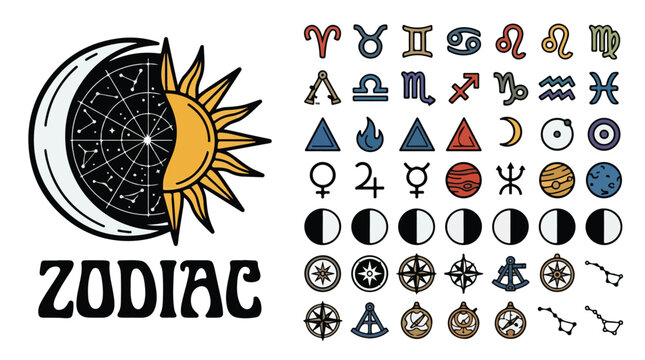 Vintage zodiac astrology icons set, mystical celestial sun and moon symbols, 40 esoteric horoscope signs and planetary elements vector