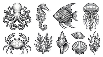 Marine life and seashells collection in vintage engraving style © Denso